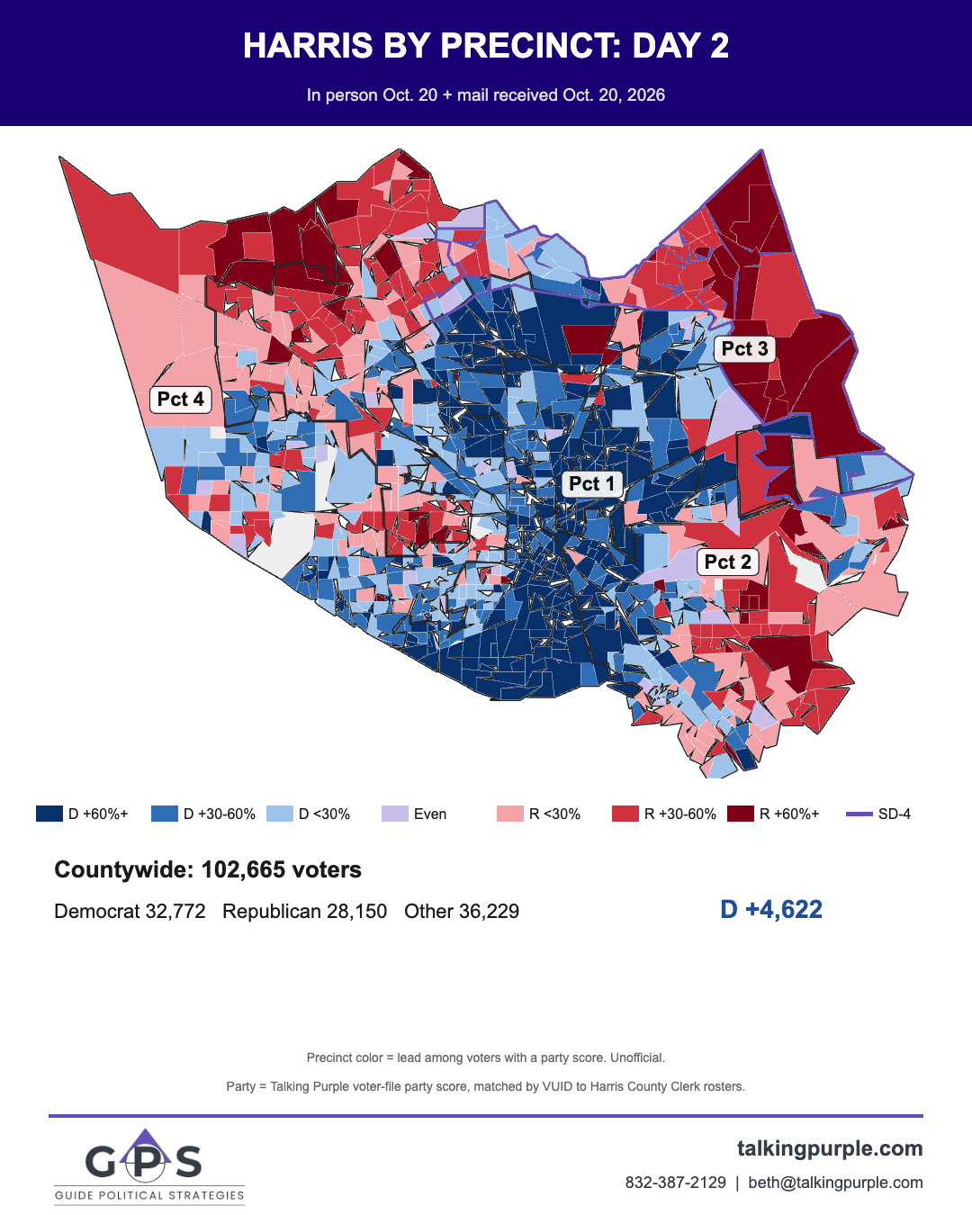 Harris County day 2 early vote map by precinct with SD-4 outlined