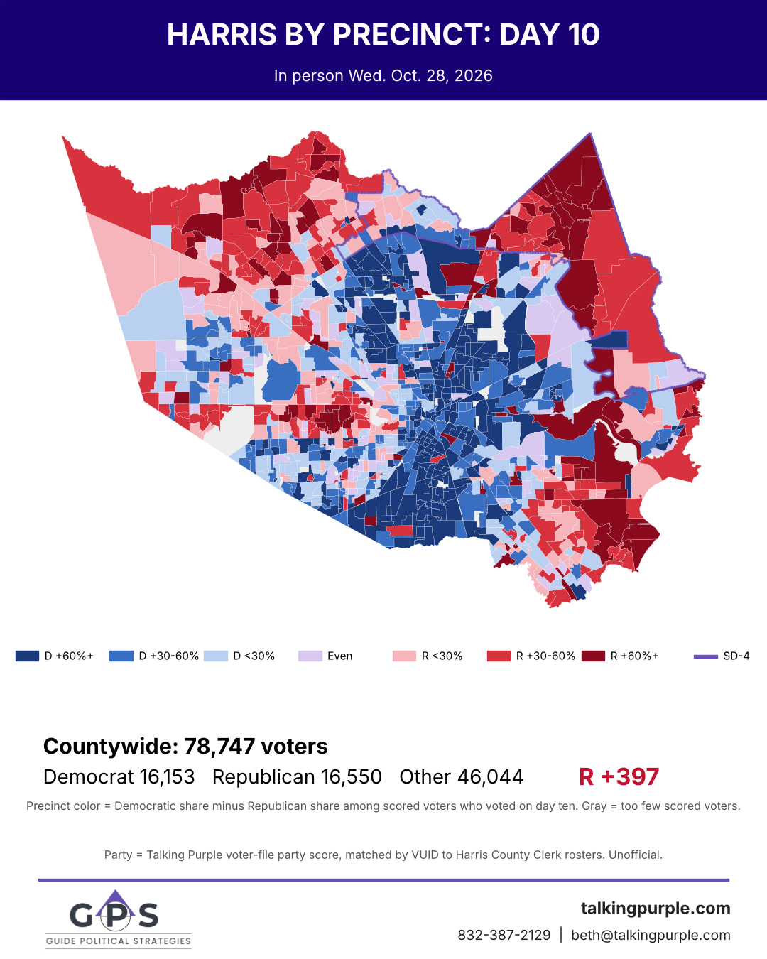 Harris County day 10 early vote map by precinct with SD-4 outlined