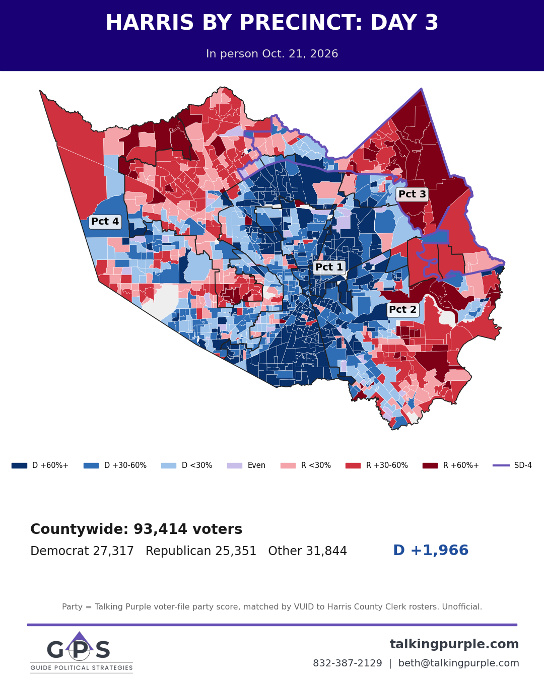Harris County day 3 early vote map by precinct with SD-4 outlined