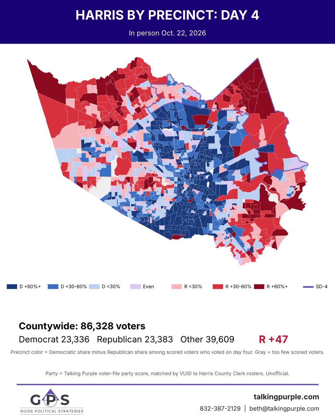 Harris County day 4 early vote map by precinct with SD-4 outlined