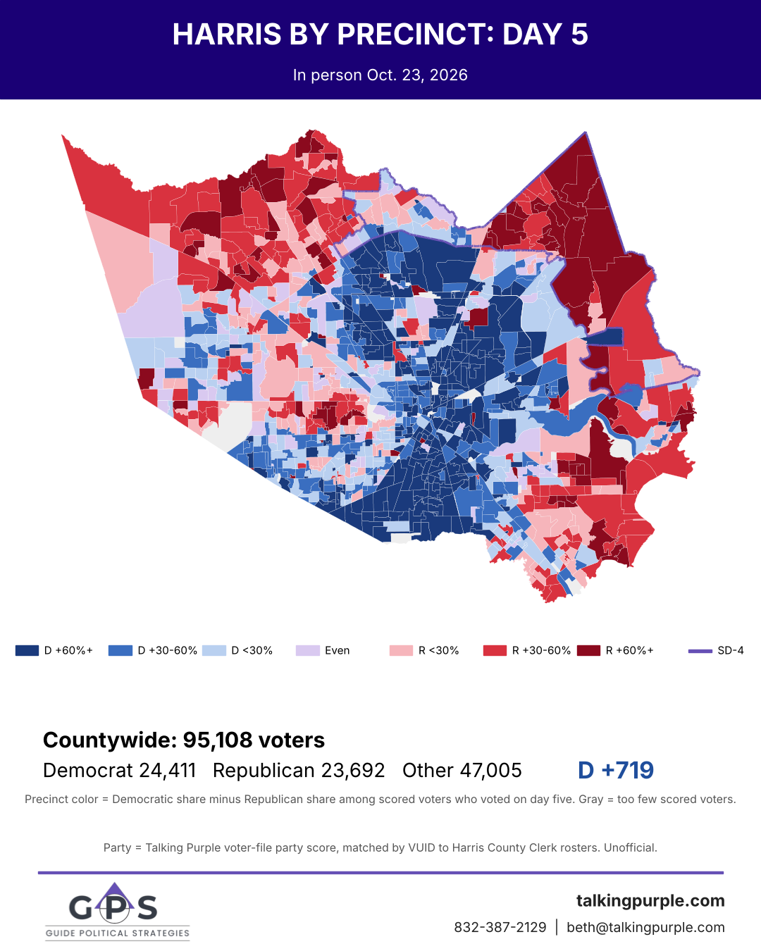 Harris County day 5 early vote map by precinct with SD-4 outlined