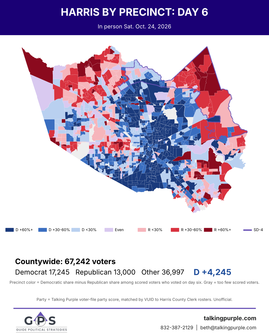 Harris County day 6 early vote map by precinct with SD-4 outlined