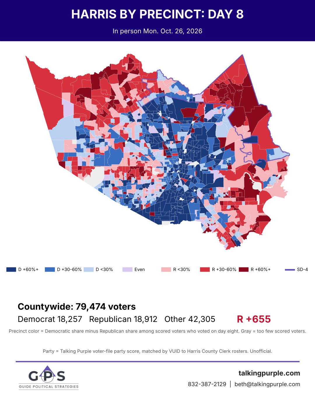 Harris County day 8 early vote map by precinct with SD-4 outlined