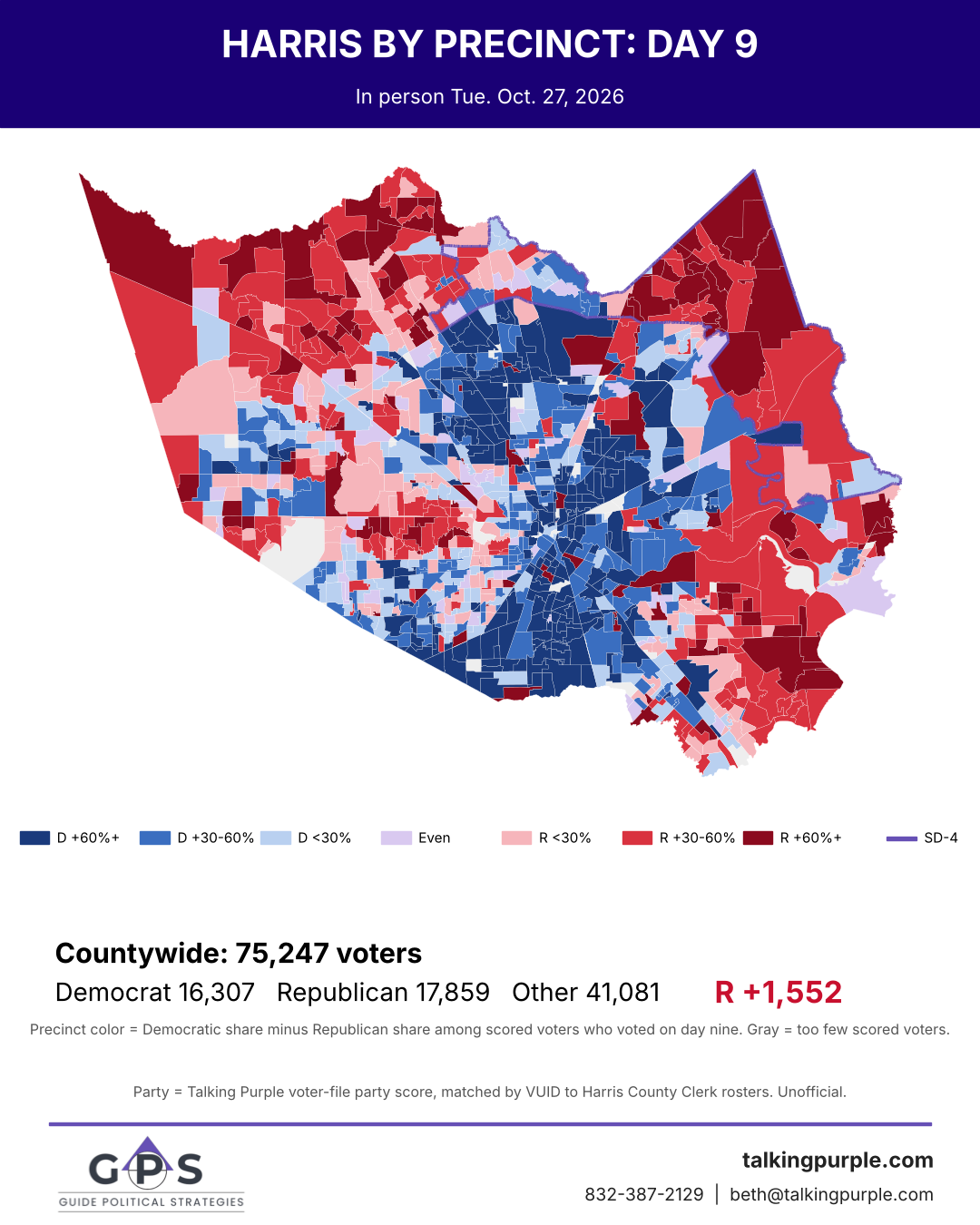 Harris County day 9 early vote map by precinct with SD-4 outlined