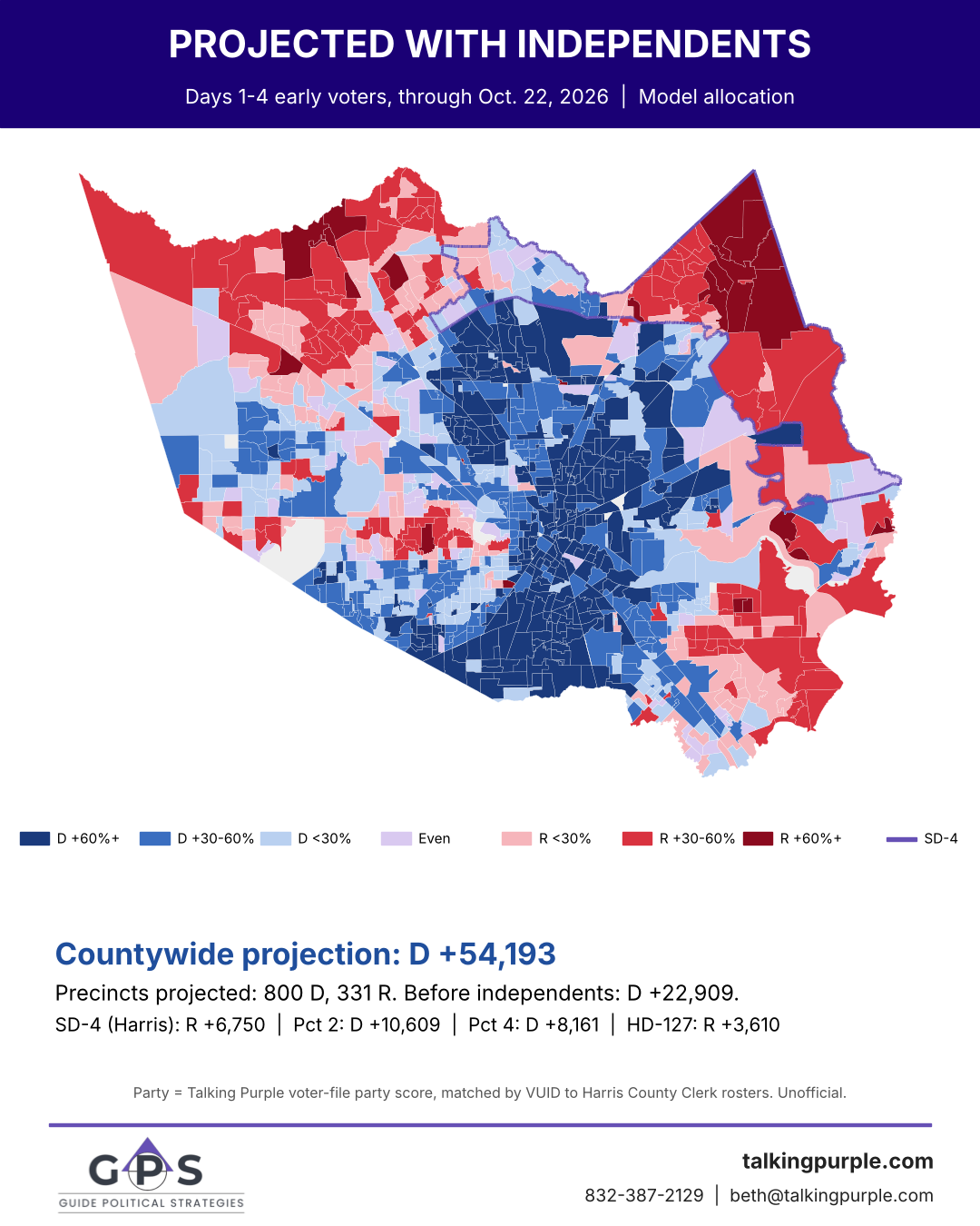 Harris County days 1-4 projected map with independents assigned by model